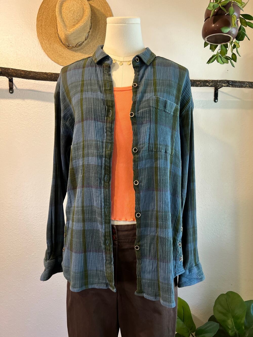 Prana Blue Green Plaid Textured Cotton Button Down Long Sleeve Shirt Size Medium